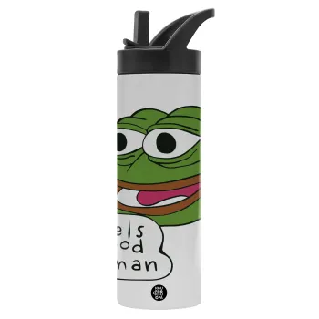 Pepe the frog, Metallic thermos bottle with straw & handle, stainless steel (Stainless steel 304), double-walled, 600ml.