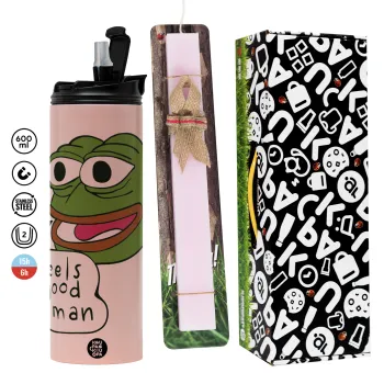 Pepe the frog, Easter candle,Travel Tumbler 2 Lids, with metal straw & cleaning brush & aromatic flat candle (30cm) (PINK)