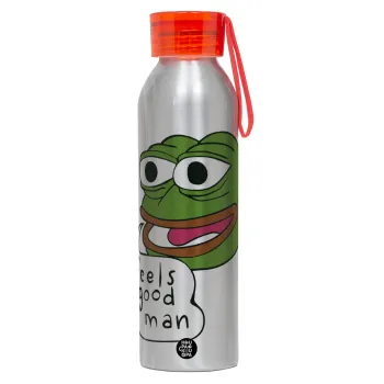 Pepe the frog, Αλουμινένιο Αθλητικό Μπουκάλι 650ml – Ασημί με Κόκκινο Καπάκι και Λουράκι Σιλικόνης