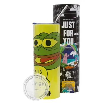Pepe the frog, Neon Yellow Travel Tumbler θερμό, μεταλλικό καλαμάκι(Ανωξείδωτο 304 Food grade, BPA free, 600ml)