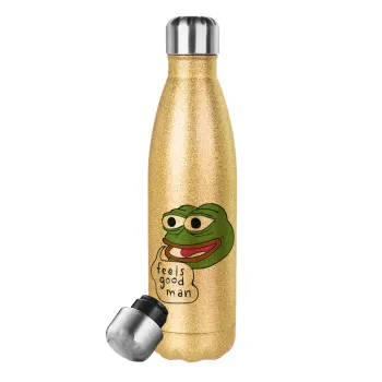 Pepe the frog, Μεταλλικό παγούρι θερμός Glitter χρυσό (Stainless steel), διπλού τοιχώματος, 500ml