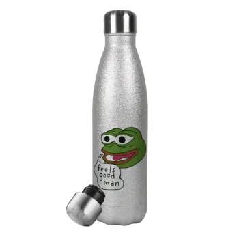 Pepe the frog, Metallic Glitter Silver Thermos Flask (Stainless steel), double-walled, 500ml