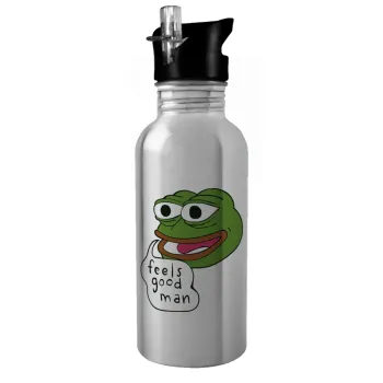 Pepe the frog, Water bottle Silver with straw, stainless steel 600ml