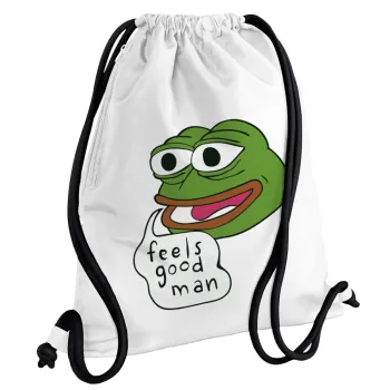 Pepe the frog, Τσάντα πλάτης πουγκί GYMBAG λευκή, με τσέπη (40x48cm) & χονδρά κορδόνια