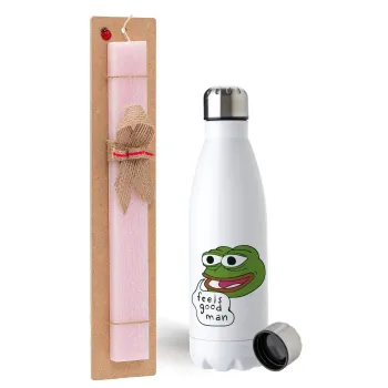 Pepe the frog, Πασχαλινή Λαμπάδα με μεταλλικό παγούρι ανοξείδωτο (750ml) & κερί αρωματικό πλακέ (30cm) (ΡΟΖ)