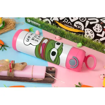 Pepe the frog, Easter candle, Childrens hot water bottle, stainless steel, with safety straw, PINK (500ml)