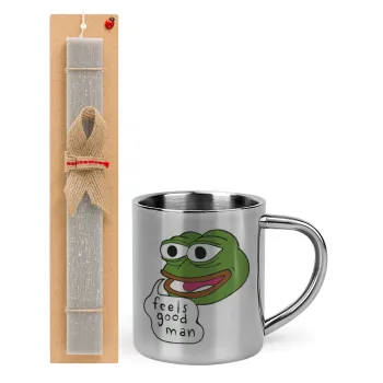 Pepe the frog, Easter Set, metallic thermal cup (300ml) & Easter aromatic flat candle (30cm) (GRAY)