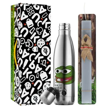 Pepe the frog, Easter Set, metallic stainless thermos flask (500ml) & scented flat Easter candle (30cm) (GRAY)