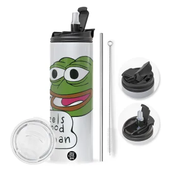 Pepe the frog, Travel Tumbler θερμό με διπλό καπάκι, μεταλλικό καλαμάκι και βούρτσα καθαρισμού (Ανωξείδωτο 304 Food grade, BPA free, 600ml)