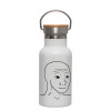 Metallic thermos (Stainless steel) White with wooden lid (bamboo), double-walled, 350ml