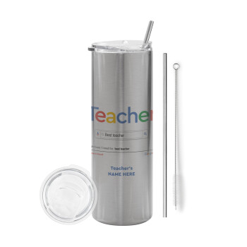 Searching for Best Teacher..., Eco friendly stainless steel Silver tumbler 600ml, with metal straw & cleaning brush