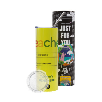 Searching for Best Teacher..., Neon Yellow Travel Tumbler, with metal straw (Stainless steel 304 Food grade, BPA free, 600ml)