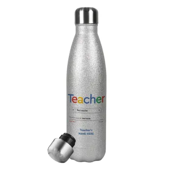 Searching for Best Teacher..., Μεταλλικό παγούρι θερμός Glitter Aσημένιο (Stainless steel), διπλού τοιχώματος, 500ml