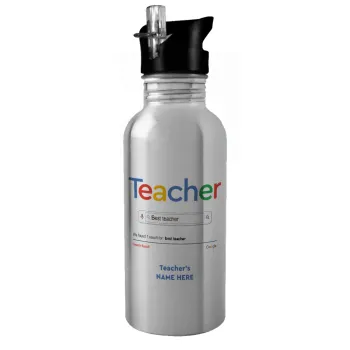 Searching for Best Teacher..., Water bottle Silver with straw, stainless steel 600ml