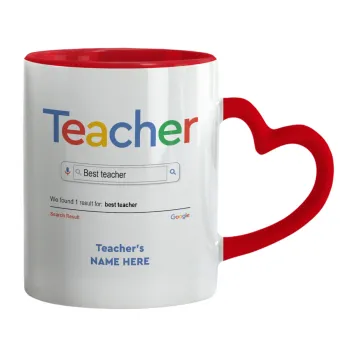Searching for Best Teacher..., Mug heart red handle, ceramic, 330ml
