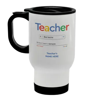 Searching for Best Teacher..., Stainless steel travel mug with lid, double wall white 450ml