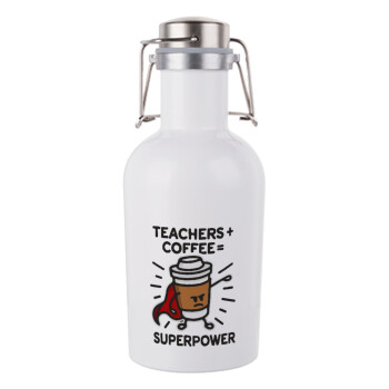 Teacher Coffee Super Power, Μεταλλικό παγούρι Λευκό (Stainless steel) με καπάκι ασφαλείας 1L