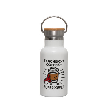 Teacher Coffee Super Power, Μεταλλικό παγούρι θερμός (Stainless steel) Λευκό με ξύλινο καπακι (bamboo), διπλού τοιχώματος, 350ml