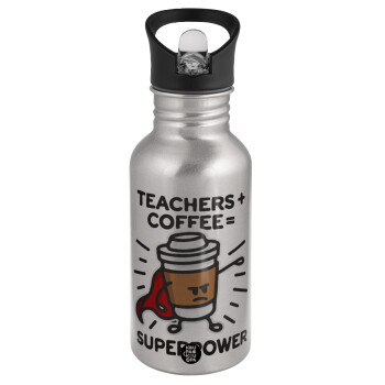 Teacher Coffee Super Power, Παγούρι νερού Ασημένιο με καλαμάκι, ανοξείδωτο ατσάλι 500ml