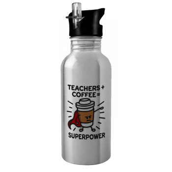 Teacher Coffee Super Power, Παγούρι νερού Ασημένιο με καλαμάκι, ανοξείδωτο ατσάλι 600ml