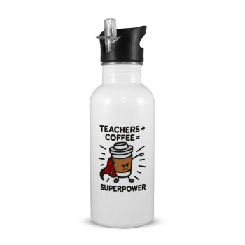 Teacher Coffee Super Power, Παγούρι νερού Λευκό με καλαμάκι, ανοξείδωτο ατσάλι 600ml