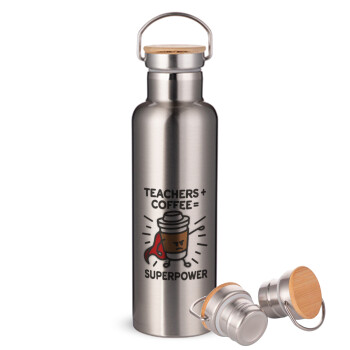 Teacher Coffee Super Power, Μεταλλικό παγούρι θερμός (Stainless steel) Ασημένιο με ξύλινο καπακι (bamboo), διπλού τοιχώματος, 750ml