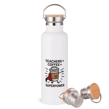 Teacher Coffee Super Power, Μεταλλικό παγούρι θερμός (Stainless steel) Λευκό με ξύλινο καπάκι (bamboo), διπλού τοιχώματος, 750ml