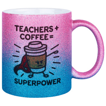 Teacher Coffee Super Power, Κούπα Χρυσή/Μπλε Glitter, κεραμική, 330ml