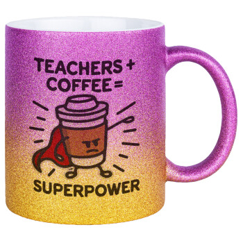 Teacher Coffee Super Power, Κούπα Χρυσή/Ροζ Glitter, κεραμική, 330ml
