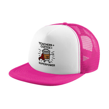 Teacher Coffee Super Power, Καπέλο Soft Trucker με Δίχτυ Pink/White 