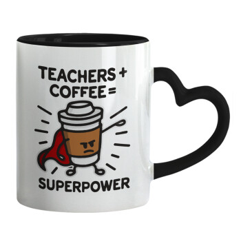 Teacher Coffee Super Power, Κούπα καρδιά χερούλι μαύρη, κεραμική, 330ml