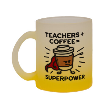 Teacher Coffee Super Power, Κούπα γυάλινη δίχρωμη με βάση το κίτρινο ματ, 330ml