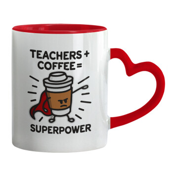 Teacher Coffee Super Power, Mug heart red handle, ceramic, 330ml