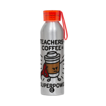 Teacher Coffee Super Power, Αλουμινένιο Αθλητικό Μπουκάλι 650ml – Ασημί με Κόκκινο Καπάκι και Λουράκι Σιλικόνης