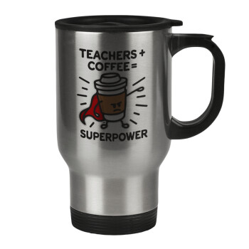 Teacher Coffee Super Power, Κούπα ταξιδιού ανοξείδωτη με καπάκι, διπλού τοιχώματος (θερμό) 450ml