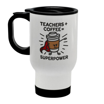 Teacher Coffee Super Power, Κούπα ταξιδιού ανοξείδωτη με καπάκι, διπλού τοιχώματος (θερμό) λευκή 450ml