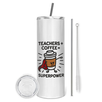 Teacher Coffee Super Power, Eco friendly ποτήρι θερμό (tumbler) από ανοξείδωτο ατσάλι 600ml, με μεταλλικό καλαμάκι & βούρτσα καθαρισμού