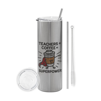 Teacher Coffee Super Power, Tumbler ποτήρι θερμό Ασημένιο από ανοξείδωτο ατσάλι 600ml, με μεταλλικό καλαμάκι & βούρτσα καθαρισμού