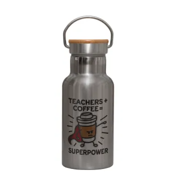 Teacher Coffee Super Power, Stainless steel metallic thermos flask, silver with a bamboo lid, double-walled, 350ml.