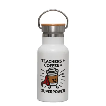 Teacher Coffee Super Power, Μεταλλικό παγούρι θερμός (Stainless steel) Λευκό με ξύλινο καπακι (bamboo), διπλού τοιχώματος, 350ml