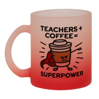 Teacher Coffee Super Power, Κούπα γυάλινη δίχρωμη με βάση το κόκκινο ματ, 330ml