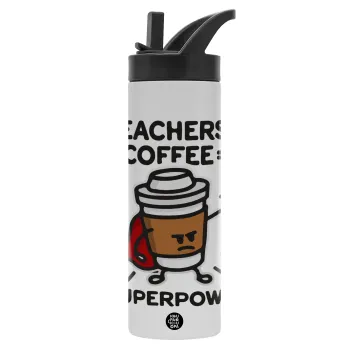 Teacher Coffee Super Power, Μεταλλικό παγούρι θερμός με καλαμάκι & χειρολαβή, ανοξείδωτο ατσάλι (Stainless steel 304), διπλού τοιχώματος, 600ml