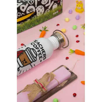 Teacher Coffee Super Power, Πασχαλινή Λαμπάδα με παγούρι μεταλλικό (620ml, stainless steel) & κερί αρωματικό πλακέ (30cm) (ΡΟΖ)