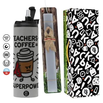 Teacher Coffee Super Power, Πασχαλινή Λαμπάδα με Travel Tumbler θερμό (600ml, BPA free) & κερί αρωματικό πλακέ (30cm) (ΓΚΡΙ)