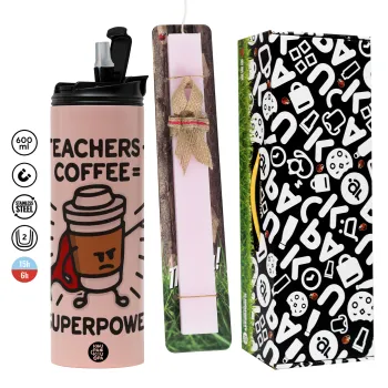 Teacher Coffee Super Power, Πασχαλινή Λαμπάδα με  ΡΟΖ Travel Tumbler θερμό (600ml, BPA free) & κερί αρωματικό πλακέ (30cm) (ΡΟΖ)