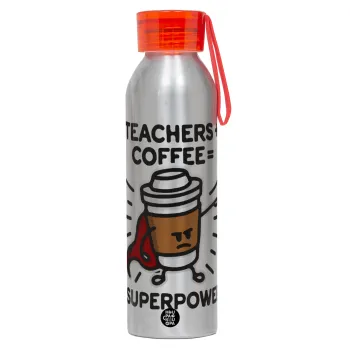 Teacher Coffee Super Power, Αλουμινένιο Αθλητικό Μπουκάλι 650ml – Ασημί με Κόκκινο Καπάκι και Λουράκι Σιλικόνης