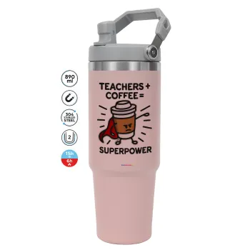 Teacher Coffee Super Power, Pink color, 890ml (30oz) stainless Steel Tumbler with Handle