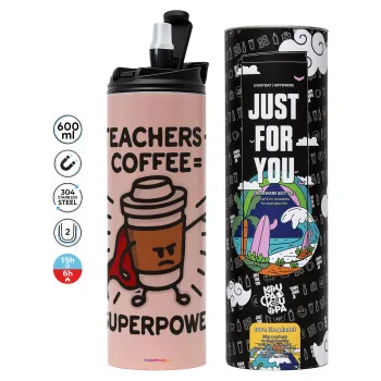 Teacher Coffee Super Power, Tumbler stainless steel PINK 600ml