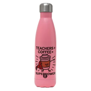 Teacher Coffee Super Power, Μεταλλικό παγούρι θερμός Ροζ Ματ (Stainless steel), διπλού τοιχώματος, 500ml