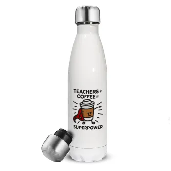 Teacher Coffee Super Power, Μεταλλικό παγούρι θερμός Λευκό (Stainless steel), διπλού τοιχώματος, 500ml